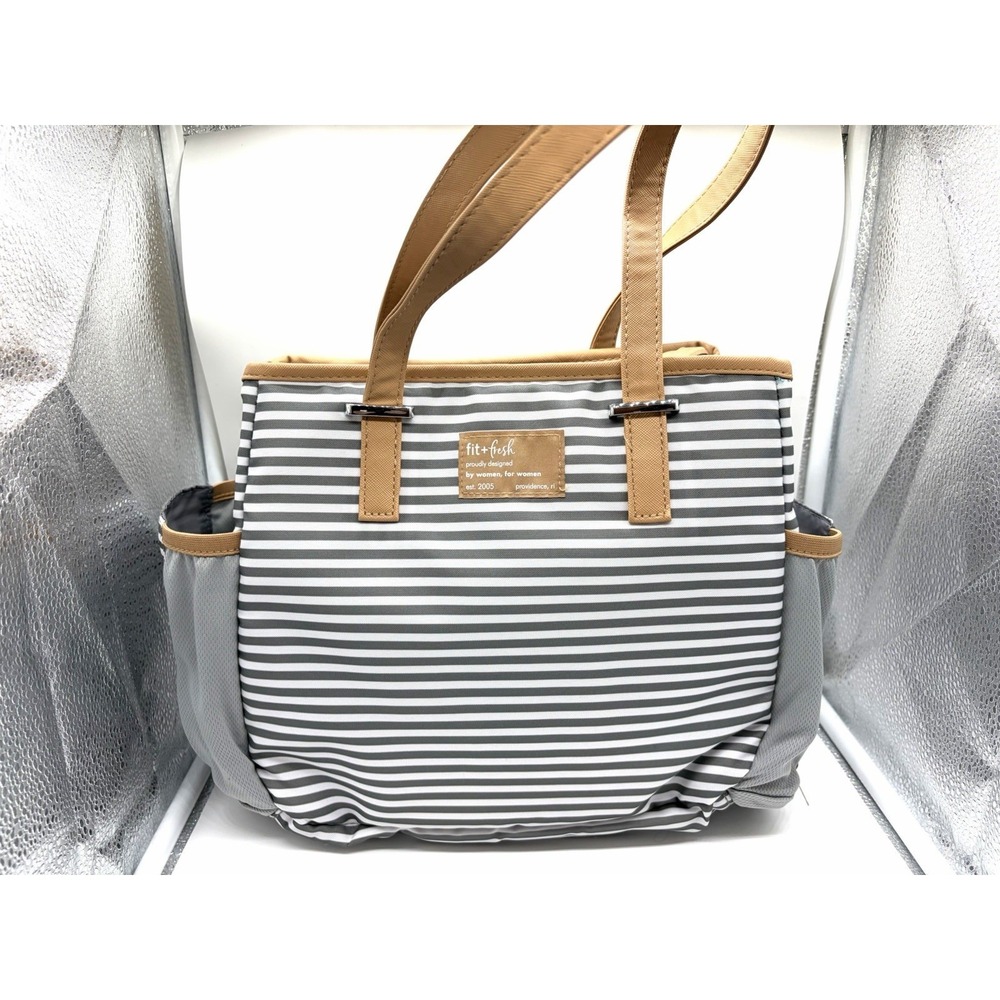 New‎ W/Out Tags Fit & Fresh Grey and white striped Insulated Lunch Tote